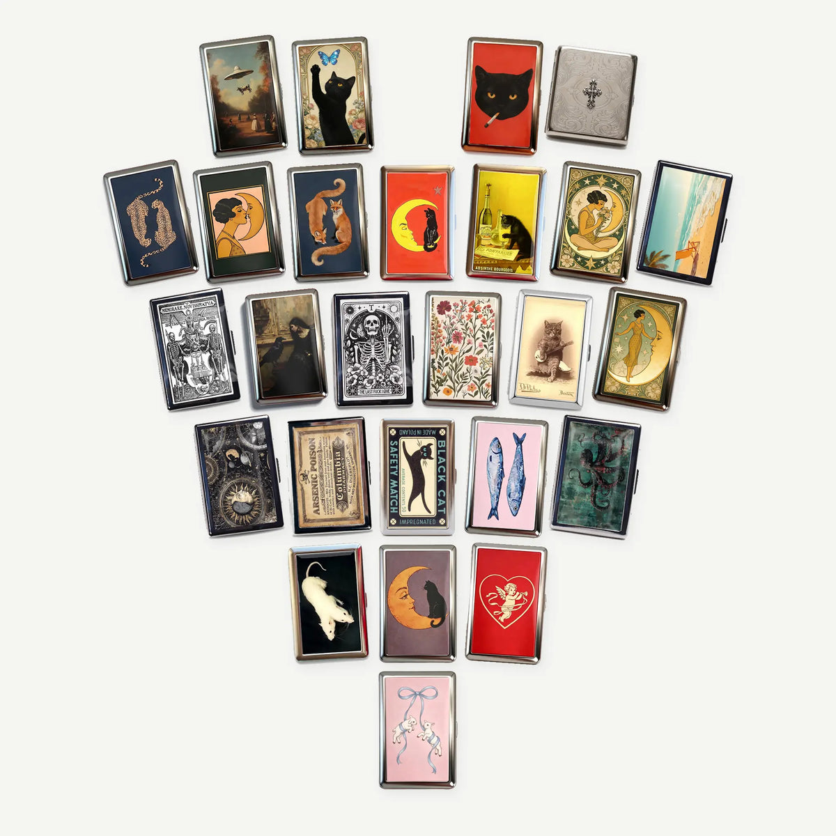 All 26 tin card case designs arranged in a heart