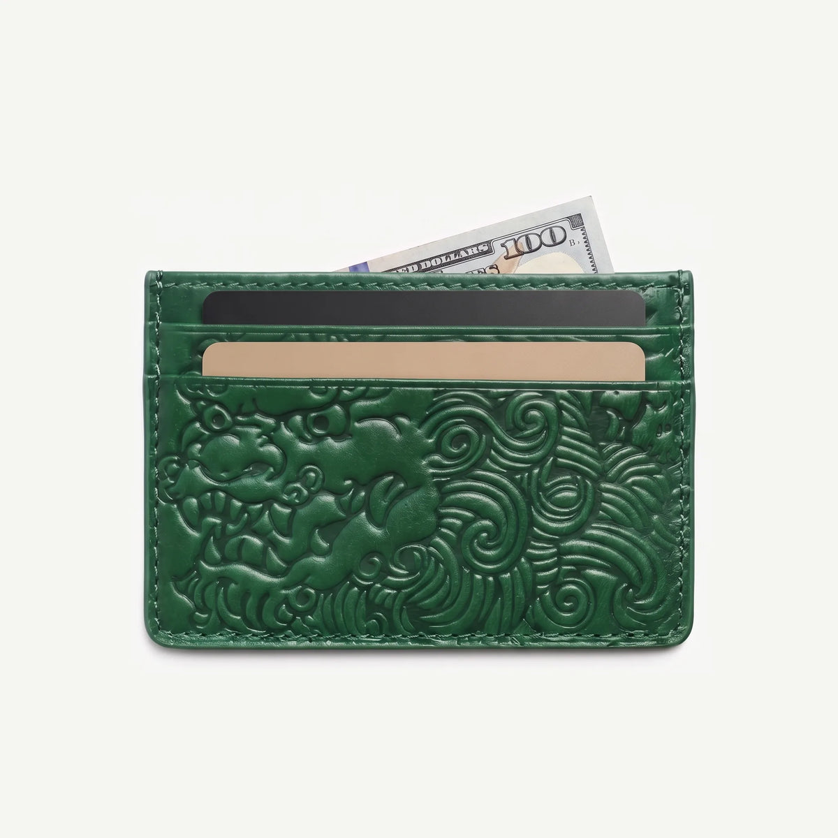 Jade Green shishi embossed card holder, with cards inside