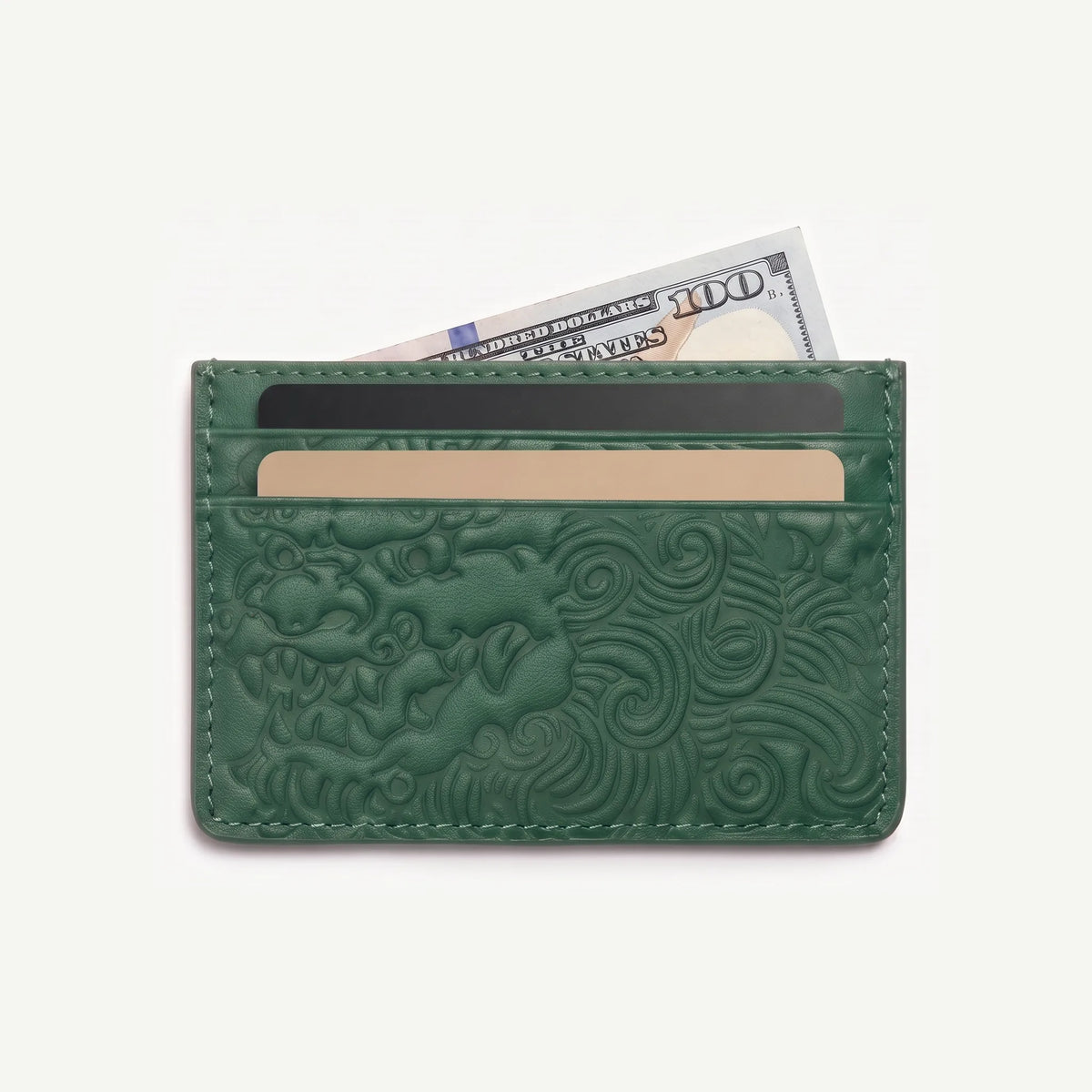 Pine Green shishi embossed card holder, with cards inside