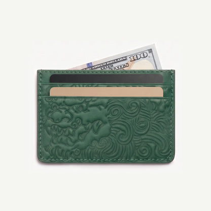 Pine Green shishi embossed card holder, with cards inside