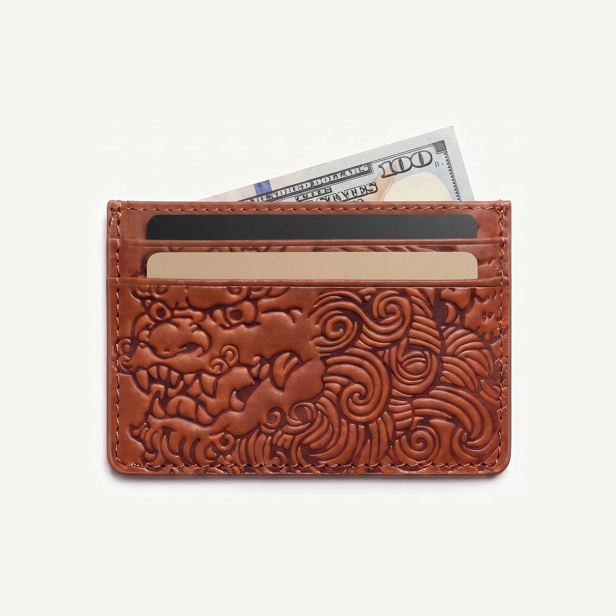 Saddle Brown shishi embossed card holder, with cards inside