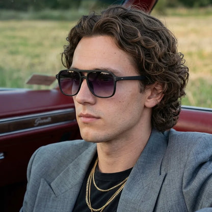 Young man wearing Mesa Aviator sunglasses in Dusk
