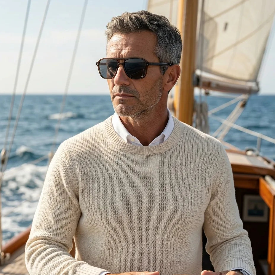 Man wearing Mesa Aviator sunglasses in Espresso