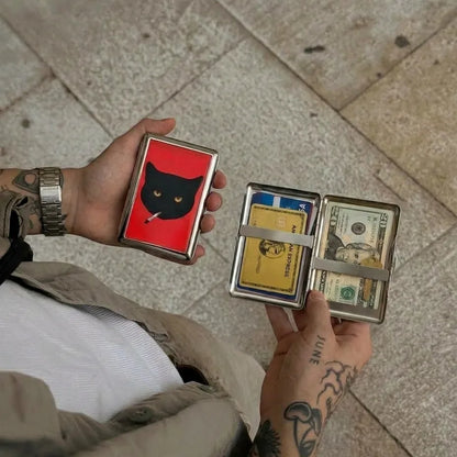Tin card case closed and open flat in hand