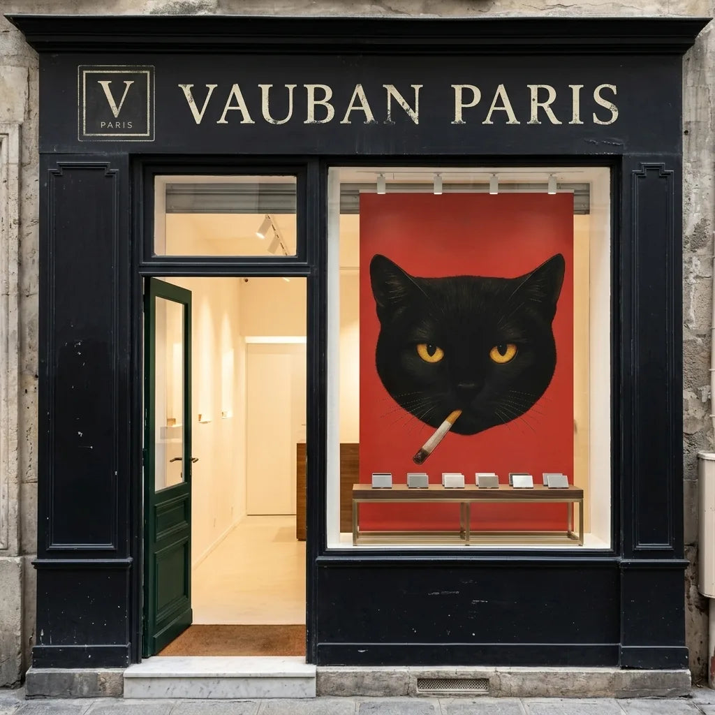Black Paris shopfront with an aged Vauban Paris sign and a large black cat poster in the window